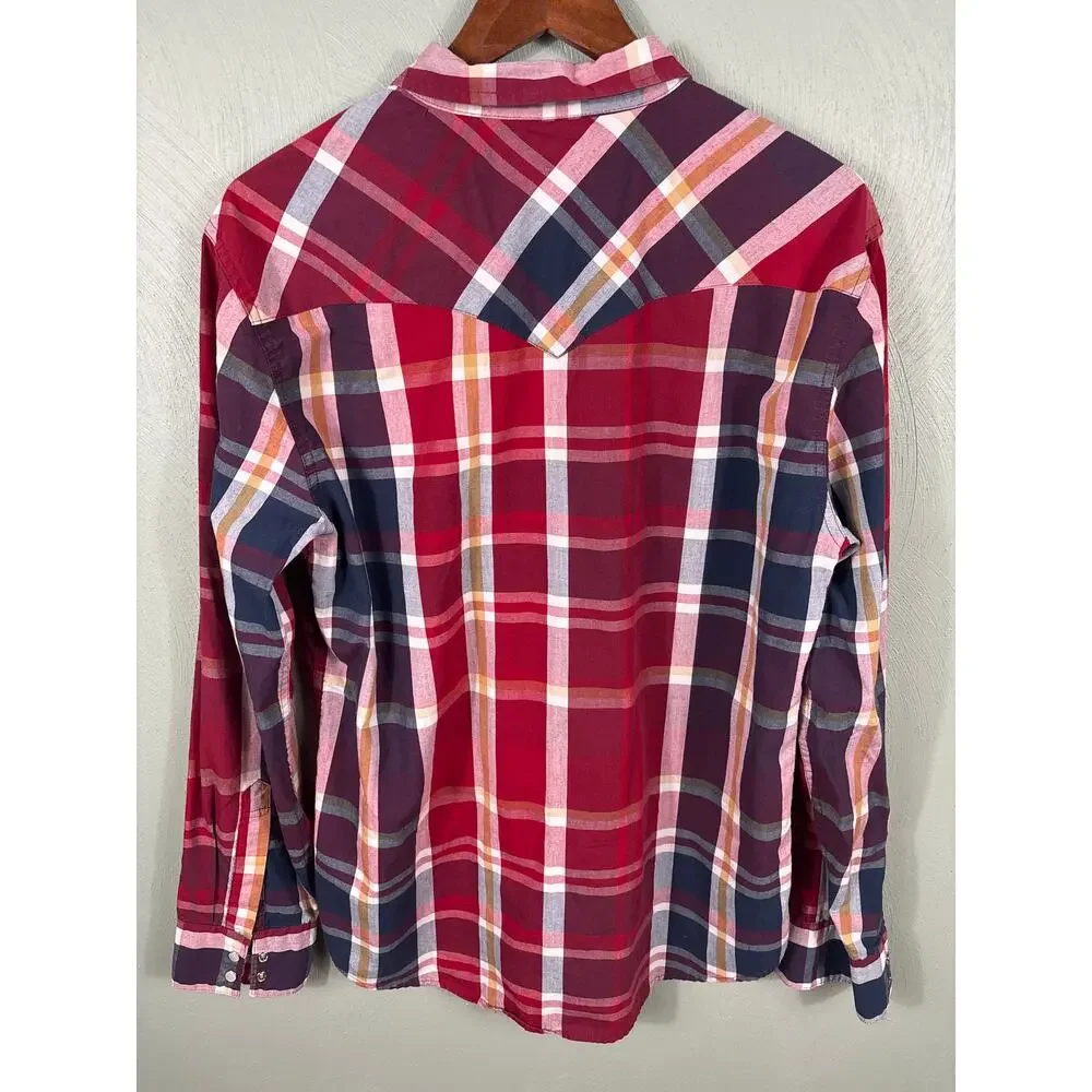 Levi's Long Sleeves Shirt Men's Size Large‎ Red Blue Plaid Pockets Western Cut